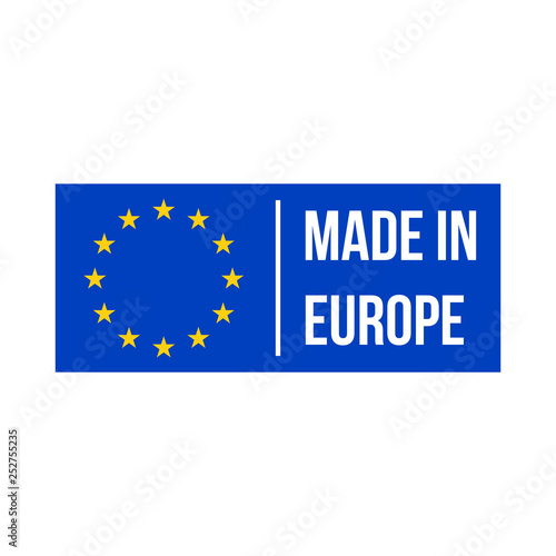 Made in Europe quality product certificate label. Vector made in EU stars blue flag warranty