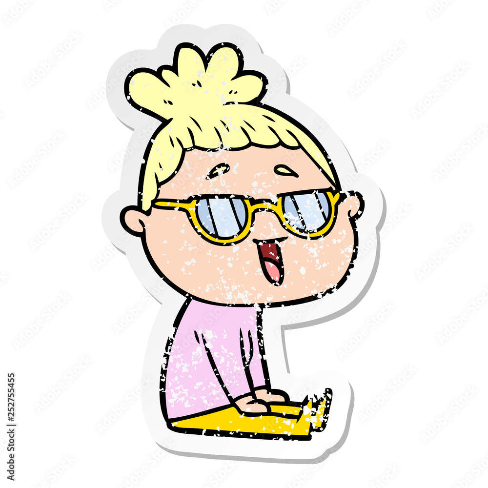 distressed sticker of a cartoon happy woman wearing spectacles