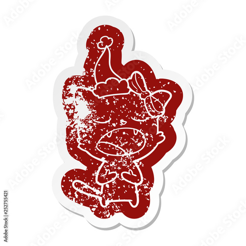 cartoon distressed sticker of a cat meowing wearing santa hat