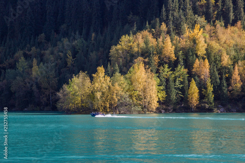 Issyk mountain lake landscape in Autumn