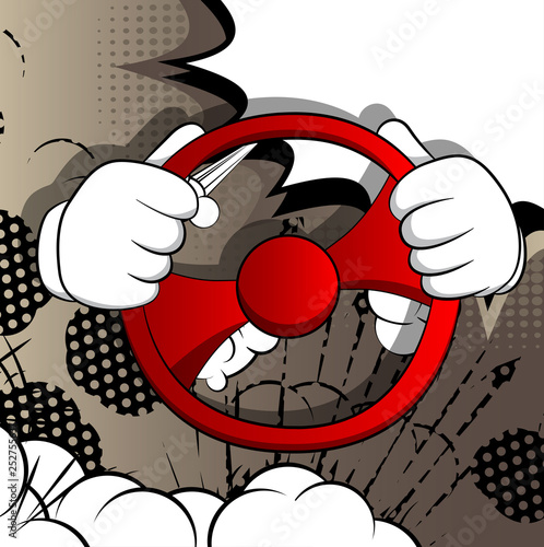 Vector cartoon hands driving, holding a steering wheel. Illustrated hand gesture on comic book background.