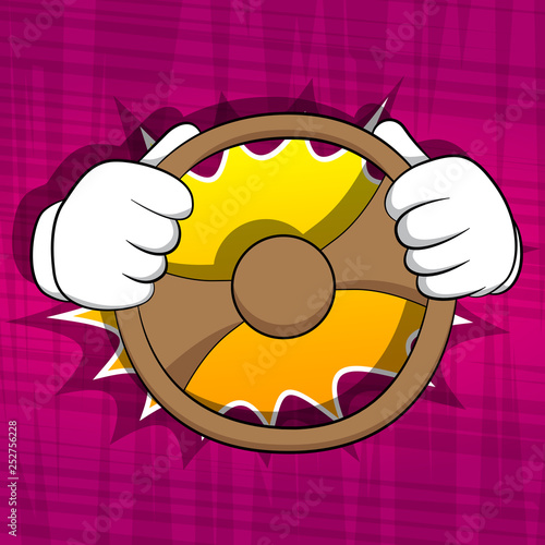 Vector cartoon hands driving, holding a steering wheel. Illustrated hand gesture on comic book background.