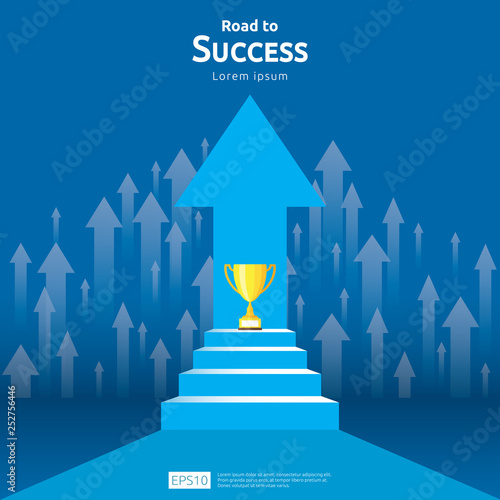 business concept with stair and trophy cup. arrow direction to success winner. Finance growth vision, victory achievement award and personal career development banner flat style vector illustration.