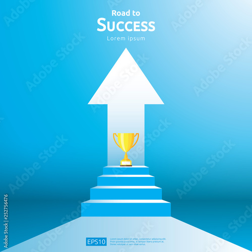 business concept with stair and trophy cup. arrow direction to success winner. Finance growth vision, victory achievement award and personal career development banner flat style vector illustration.