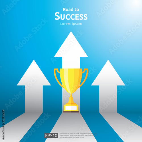 business concept with stair and trophy cup. arrow direction to success winner. Finance growth vision, victory achievement award and personal career development banner flat style vector illustration.