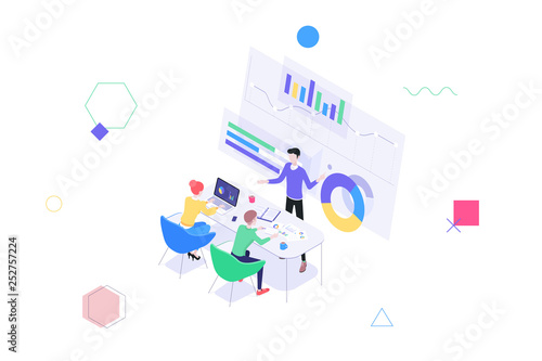 A group of people at a business meeting at the table in front of the screen with graphs. Business concept ananlysis and financial management report strategy. Isometric vector illustration photo