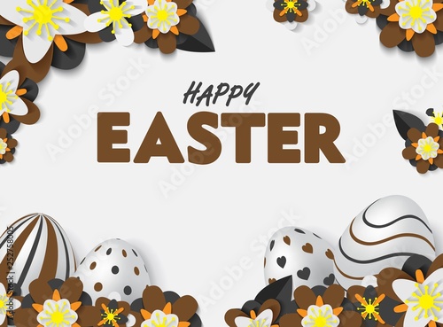 Happy Easter Card with 3D White Eggs, Black and Chocolate 3D Papercraft Flowers and Leafs. Spring Event Vector Illustration Place Your Text 