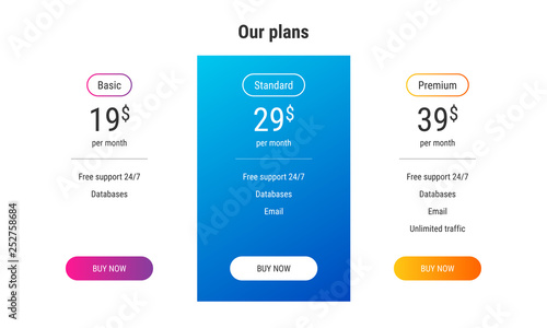 Three tariffs. interface for the site. ui ux vector banner for web app. Pricing Table Template with Three Plan Type.