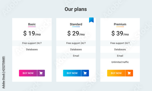 Three tariffs. interface for the site. ui ux vector banner for web app. Pricing Table Template with Three Plan Type.