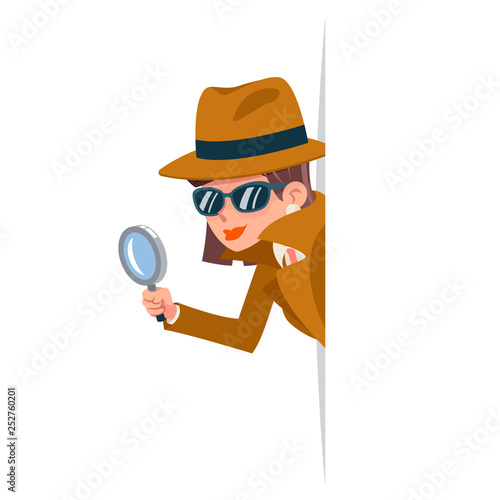 Cute woman snoop detective magnifying glass tec peeking out corner search help noir female cartoon character design isolated vector illustration