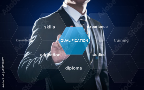 Person touching button with word qualification, concept about professional certification for skilled work