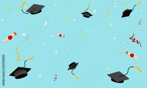 Graduation hats fly in sky poster graduation caps scrolls confetti flat design vector illustration