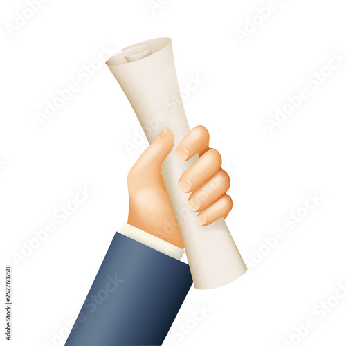 Isolated graduate student hand hold graduation scroll rolled certificate icon template 3d realistic cartoon design vector illustration