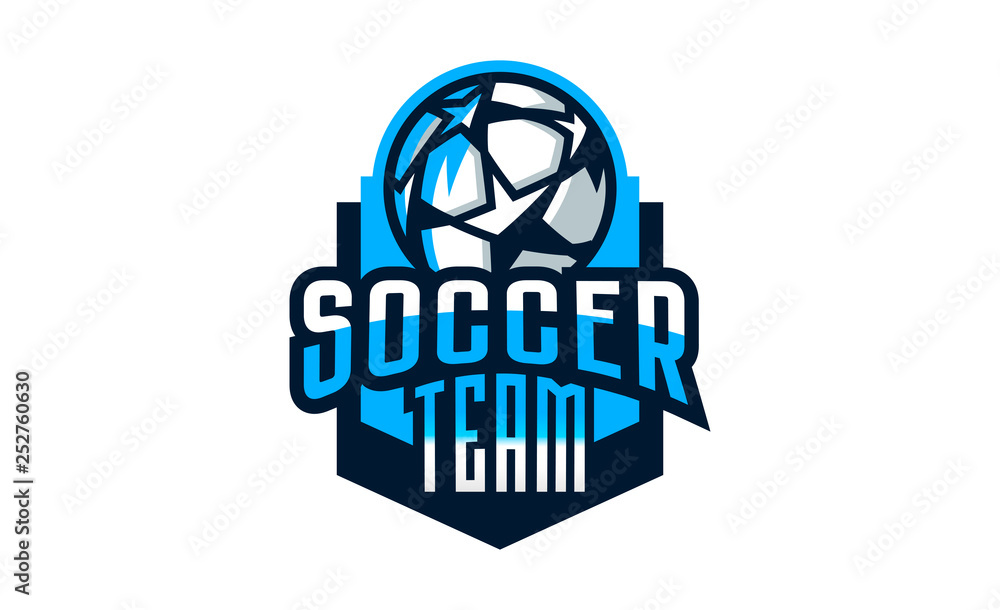 Logo football club, soccer ball emblem. Shield and flying soccer ball. Football school tournament, goal, competition, star. Colorful Vector Illustration Logo football club, soccer ball emblem. Shield and flying soccer ball. Football school tournament, goal, competition, star. Colorful Vector Illustration