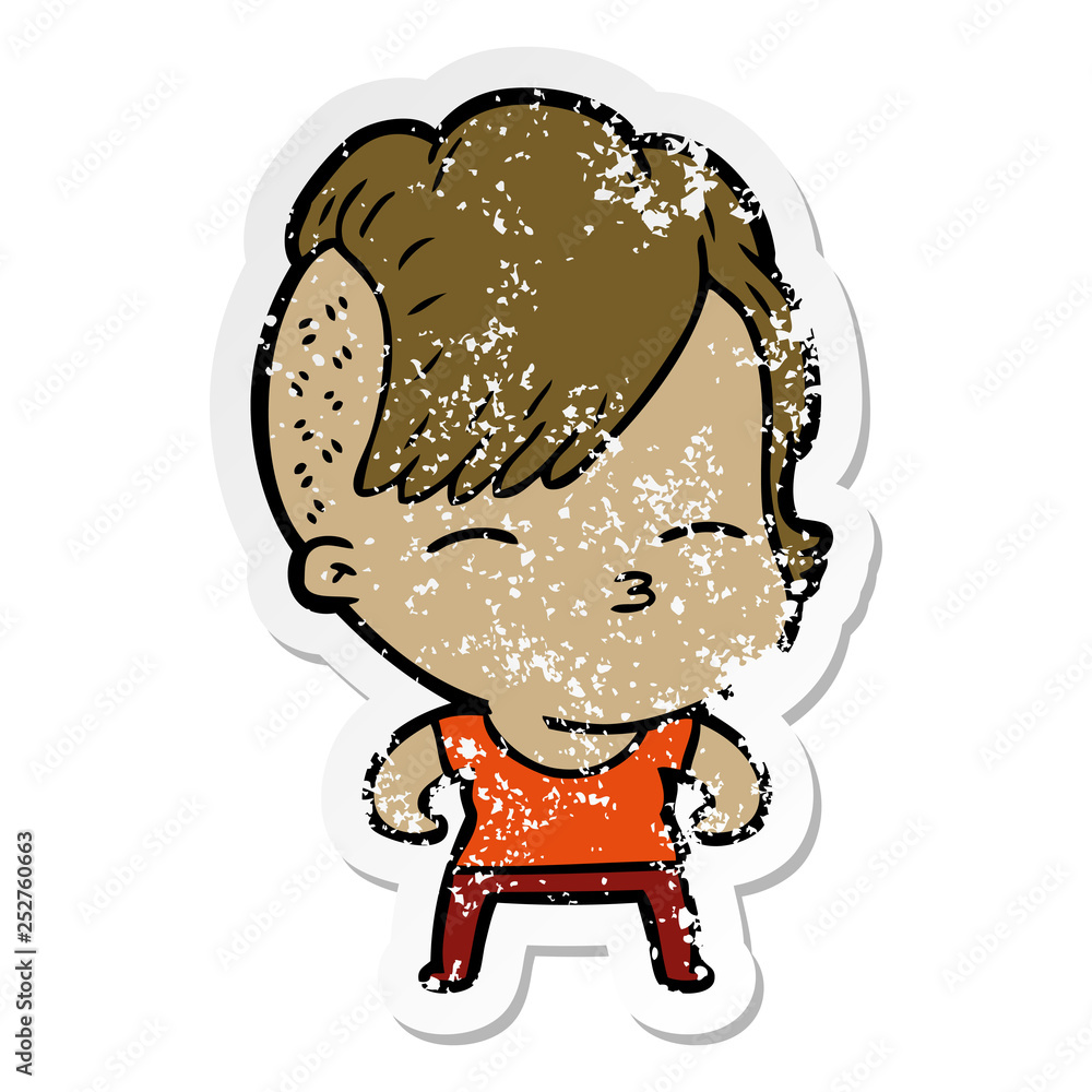 distressed sticker of a cartoon girl muscle posing distressed sticker of a cartoon girl muscle posing