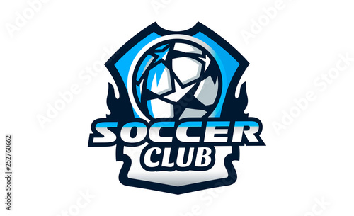 Logo football club, soccer ball emblem. Shield and flying soccer ball. Football school tournament, goal, competition, flame, fire, star. Colorful Vector Illustration