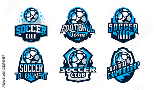 Set of football club logos, soccer ball. Soccer ball emblem, shield. Football school tournament, goal, competition, star, fire, flame. Colorful Vector Illustration