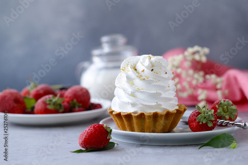 mini cake with meringue of shortbread dough for dessert
