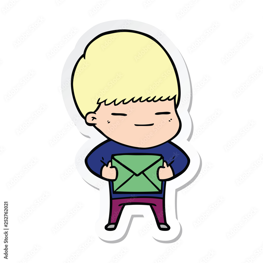 sticker of a cartoon smug boy carrying present sticker of a cartoon smug boy carrying present