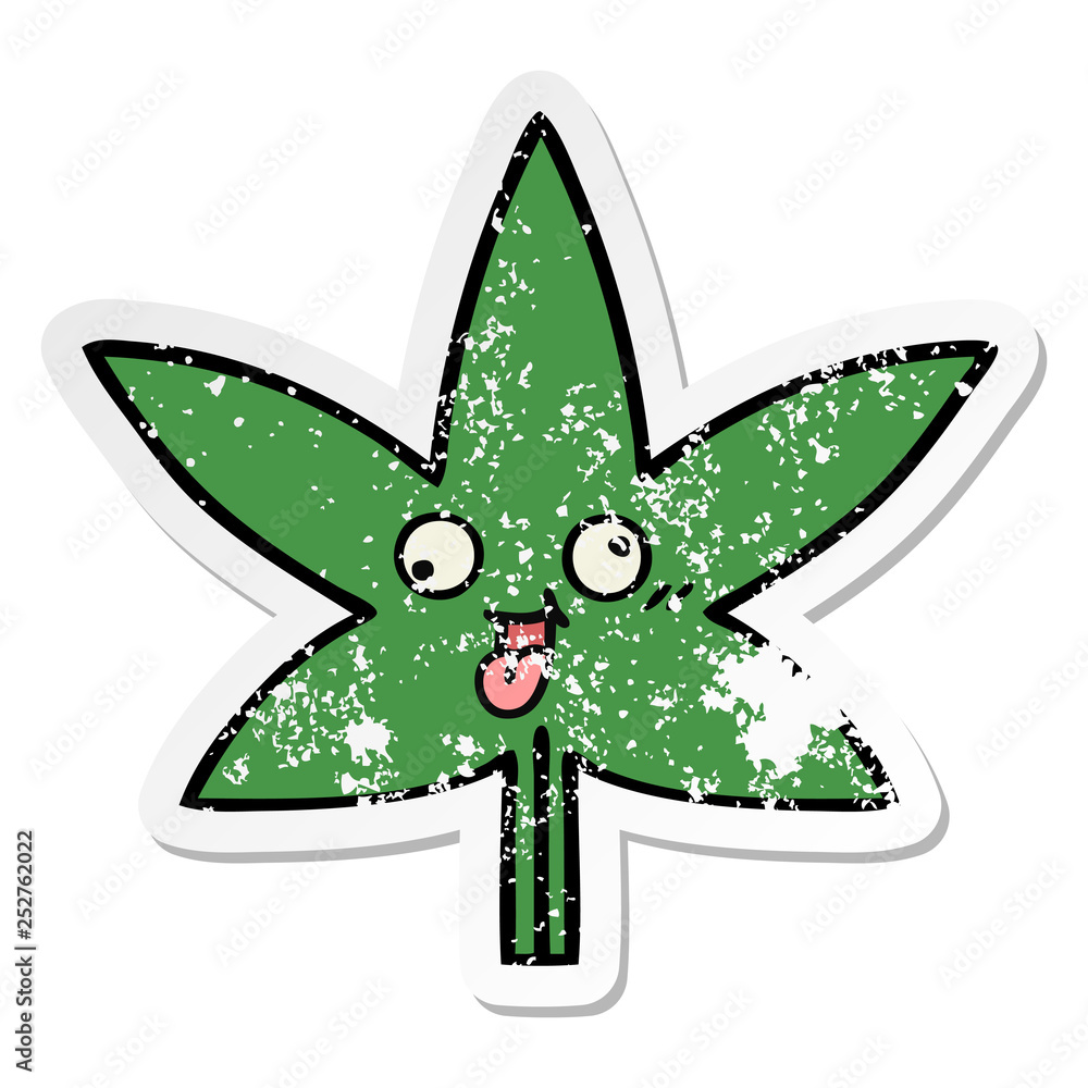 distressed sticker of a cute cartoon marijuana leaf distressed sticker of a cute cartoon marijuana leaf