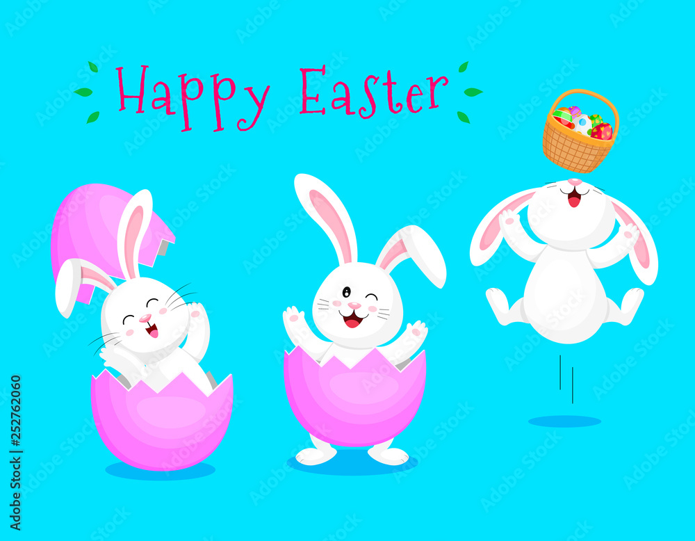 Cute cartoon bunny cracking from egg shell. Easter egg hunt poster invitation template. Vector illustration isolated on blue background. Cute cartoon bunny cracking from egg shell. Easter egg hunt poster invitation template. Vector illustration isolated on blue background.