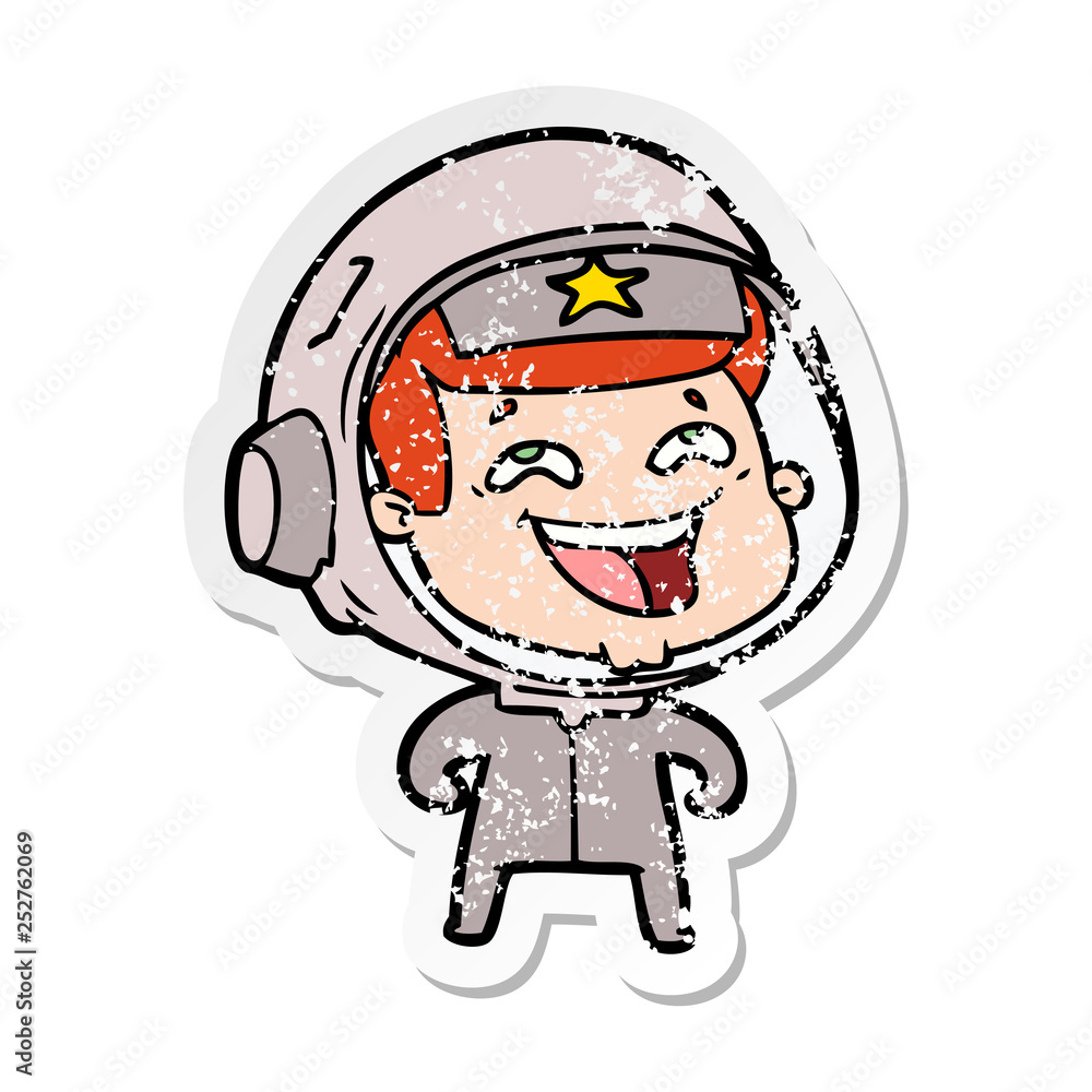 distressed sticker of a cartoon laughing astronaut distressed sticker of a cartoon laughing astronaut