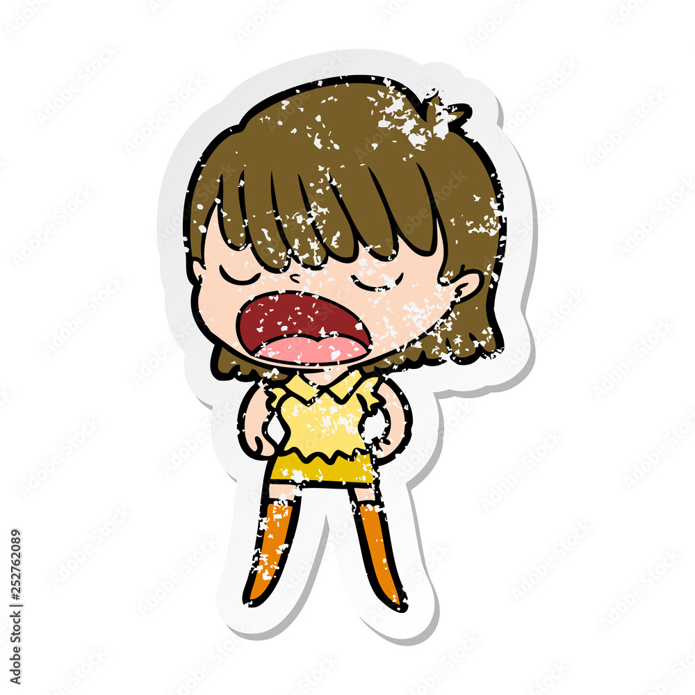 distressed sticker of a cartoon woman talking loudly distressed sticker of a cartoon woman talking loudly