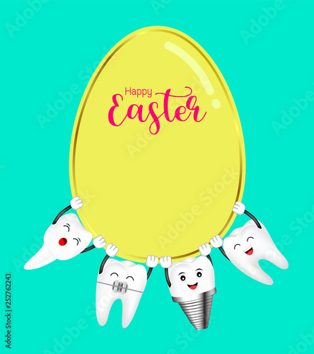 Cute cartoon happy tooth take Easter egg. Happy Easter day concept. Illustration isolated on green background.