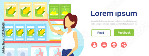 woman customer choosing food big grocery shop supermarket interior girl buyer super market shopping concept portrait horizontal banner copy space flat