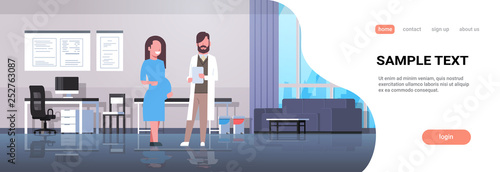 pregnant woman visiting male gynecologist doctor gynecology consultation healthcare concept modern hospital clinic cabinet interior full length horizontal copy space