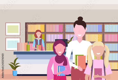 people borrowing books from librarian modern library bookstore interior bookcase with books reading education knowledge concept flat portrait horizontal