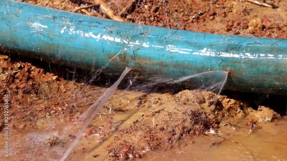 Stockvideon water leaking from hole in a hose, Water pipe break, leaking from hole in a hose