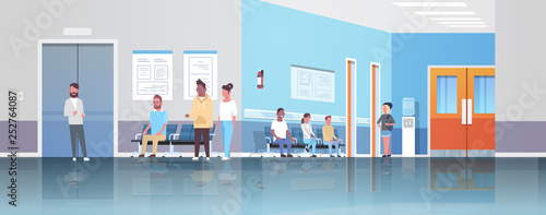 mix race patients waiting in line queue to doctor cabinet consultation and diagnosis healthcare concept medical clinic corridor interior horizontal banner flat