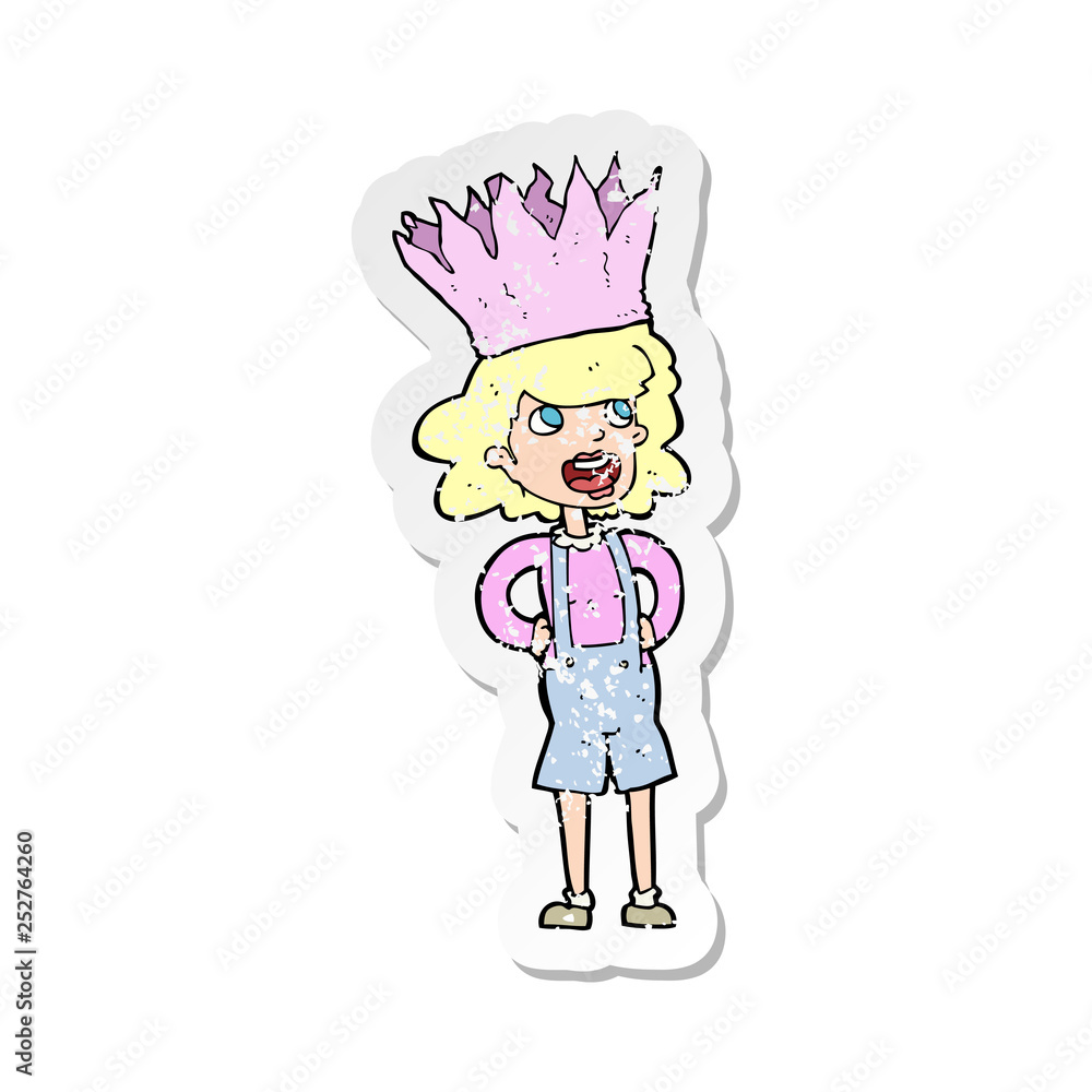 retro distressed sticker of a cartoon person wearing crown retro distressed sticker of a cartoon person wearing crown