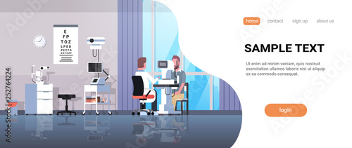 male ophthalmologist checking patient vision doctor in uniform making eye surgery laser correction medicine and healthcare concept oculists office interior horizontal copy space