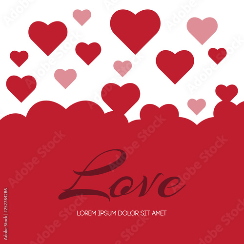 Valentine's Day Simple background design with lots of flying hearts and "love" word. vector illustration.
