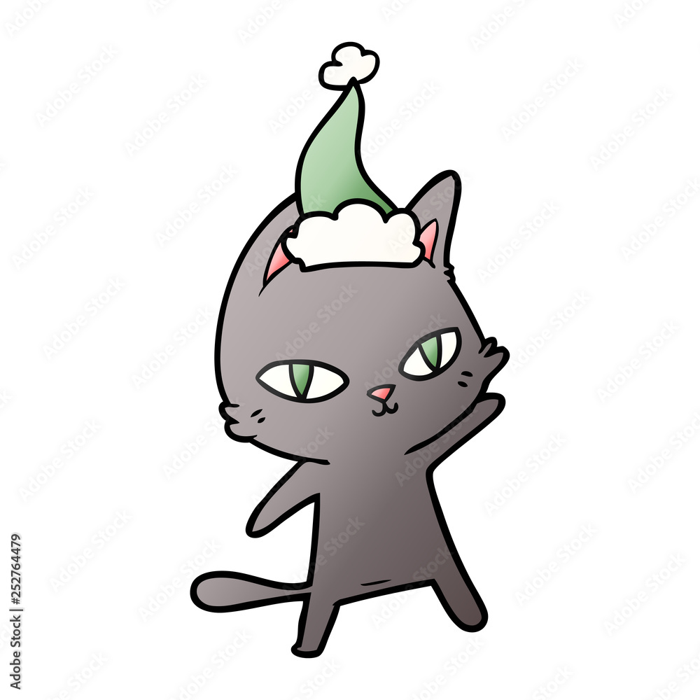 gradient cartoon of a cat staring wearing santa hat gradient cartoon of a cat staring wearing santa hat