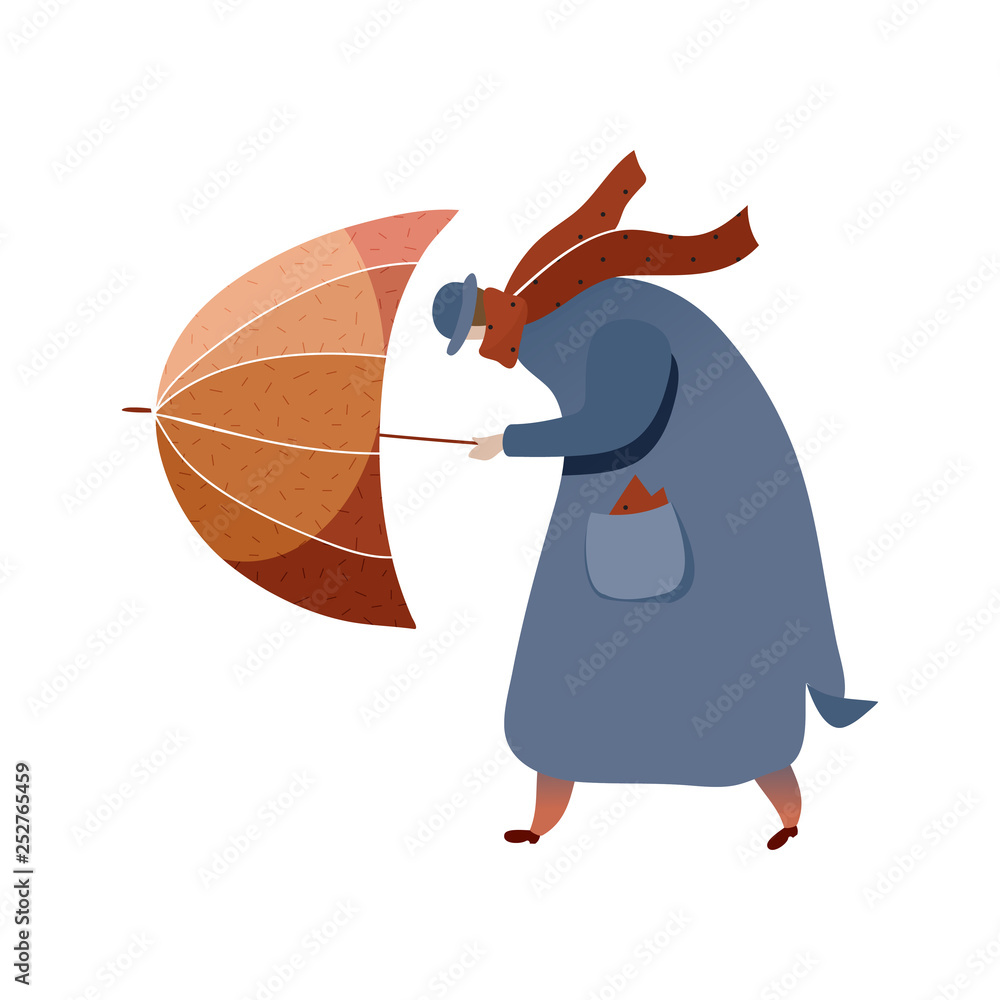 Man walking with umbrella, strong wind. Cartoon character in coat, hat and  scarf. Autumn weather. Trendy vector design Stock Vector | Adobe Stock