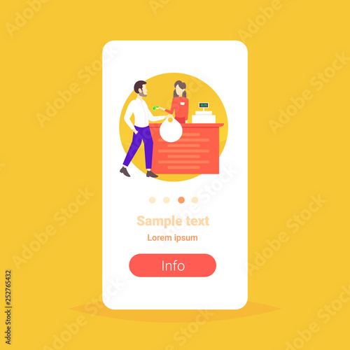 man customer standing at cash desk doing grocery shopping and paying money woman cashier in retail store supermarket interior concept copy space flat full length