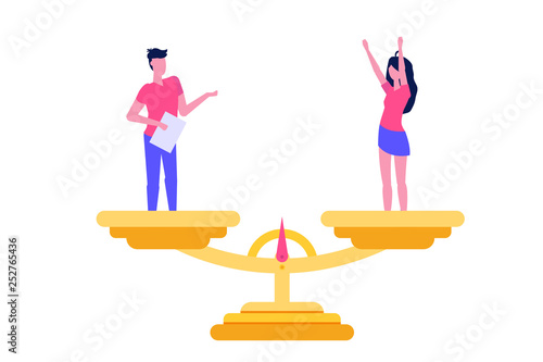 Gender equality, Equal pay and opportunity  isometric concept with man and woman on scale. Vector Illustration.
