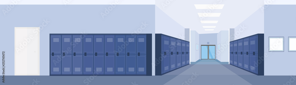 empty school lobby corridor interior with row of blue lockers horizontal banner flat