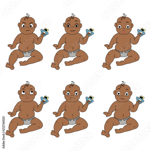  Set of African american baby on a white background with a different facial expression: laughing, crying, wondering. 0-12 months.  First year activities. The child sits and holds a toy. 