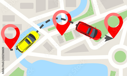 Cars with top view on city map and red pins. Car moving on dotted line trail. Flat Vector illustration.