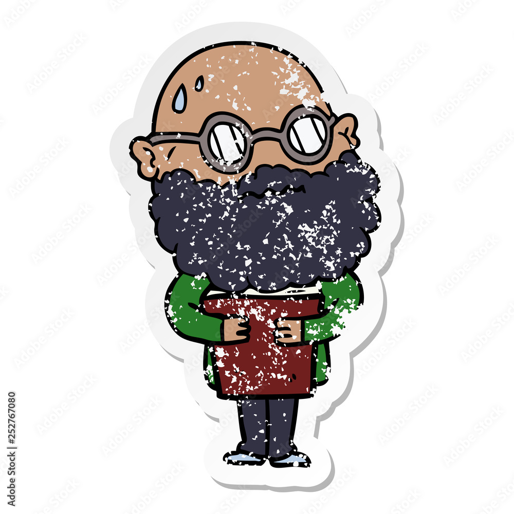 distressed sticker of a cartoon worried man with beard and spectacles distressed sticker of a cartoon worried man with beard and spectacles