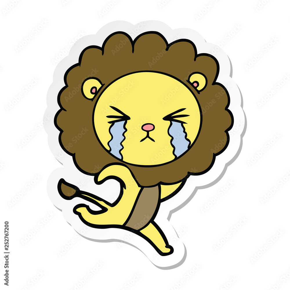sticker of a cartoon crying lion running away sticker of a cartoon crying lion running away