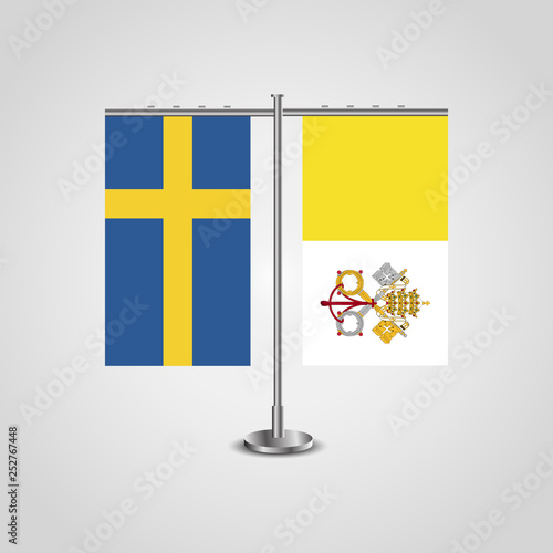 Table stand with flags of Sweden and Vatican.Two flag. Flag pole. Symbolizing the cooperation between the two countries. Table flags