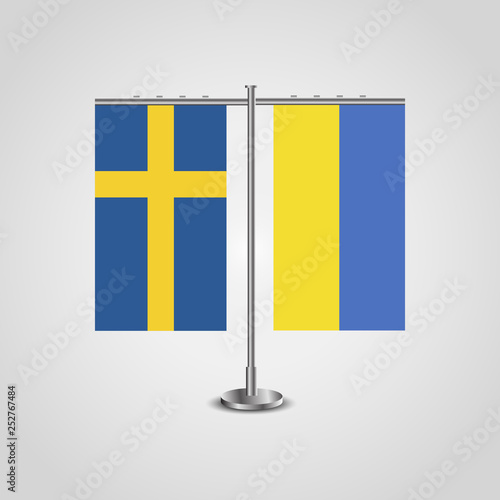 Table stand with flags of Sweden and Ukraine.Two flag. Flag pole. Symbolizing the cooperation between the two countries. Table flags