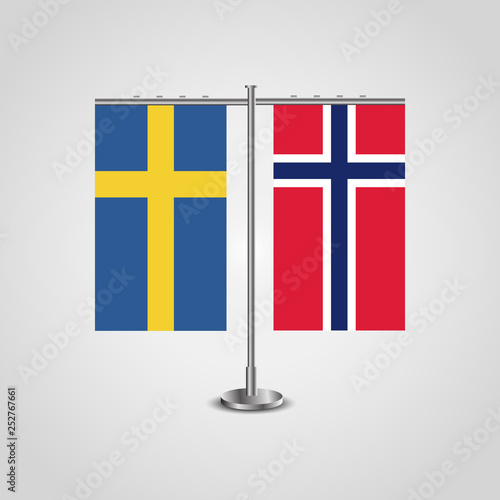 Table stand with flags of Sweden and Jan Mayen.Two flag. Flag pole. Symbolizing the cooperation between the two countries. Table flags