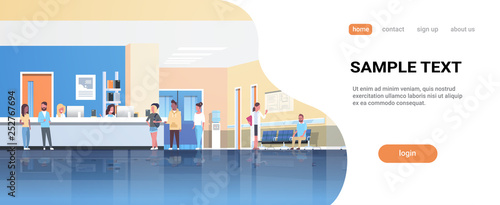 mix race patients standing line queue at hospital reception desk waiting hall doctors consultation healthcare concept medical clinic interior full length horizontal flat copy space