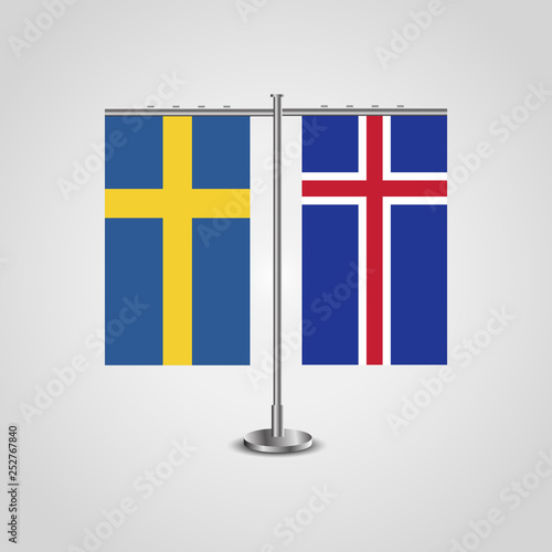 Table stand with flags of Sweden and Iceland.Two flag. Flag pole. Symbolizing the cooperation between the two countries. Table flags